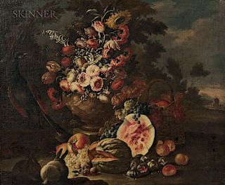 Attributed to Nicola Casissa (Italian, d. 1731)  Two Elaborate Still Life Compositions with Flowers, Fruit, and Animals