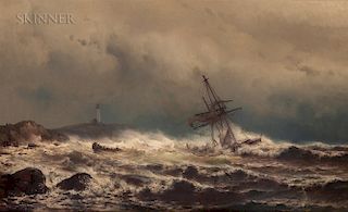 Mauritz Frederik Hendrik de Haas (American, 1832-1895)  Ship Aground - Crew Abandoning Ship