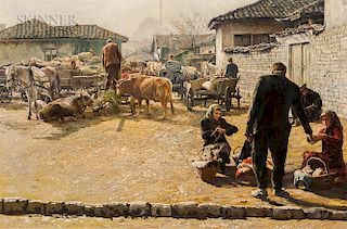 Clark Hulings (American, 1922-2011)  Market-Skopje, Yugoslavia