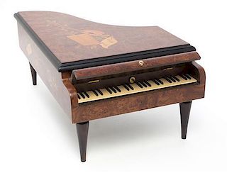 A Marquetry Decorated Burlwood Piano Form Music Box, Reuge, Length 14 1/2 inches.