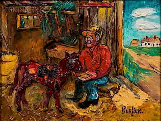 David Davidovich Burliuk (Ukrainian/American, 1882-1967)  Sharing a Meal on the Farm