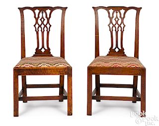 Two Chippendale figured maple side chairs