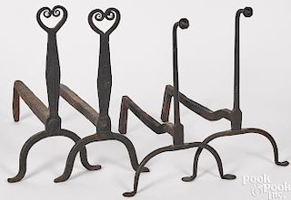 Two pairs of wrought iron andirons