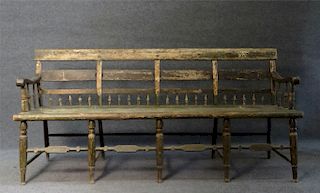 PLANK SEAT 1/2 SPINDLE BACK 19THC BENCH IN OLD 