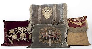 Five Embroidered Pillows, Width of widest 22 inches.
