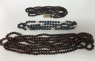 3 STRANDS OF BEADS: 100" COLORED PEARLS, GARNET &
