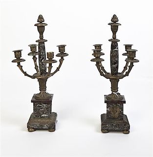 A Pair of Empire Style Gilt Bronze and Marble Four-Light Candelabra, Height 17 1/2 inches.