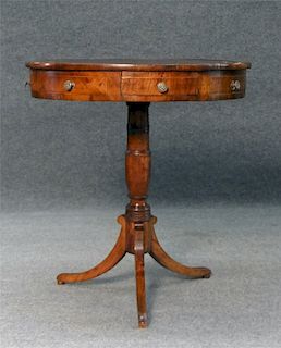 19THC. RED LEATHER TOP DRUM TABLE W/ ROUND TOP