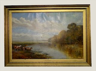 O/C "THE RIVER NEAR READING" LABELED F. HARDY 1879