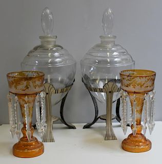Pair of Etched & Amber Glass Lusters together with
