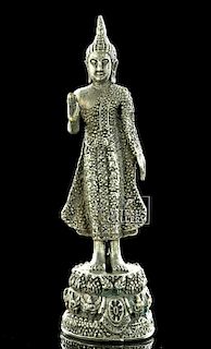 Miniature 20th C. Indian Silvered Brass Buddha