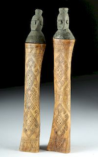 Early 20th C. Indonesia Etched Bone & Wood Vessels (pr)