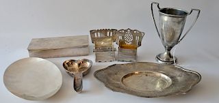 Sterling silver lot to include rectangle box, Newport Casino trophy, two oval trays, heart shaped spoon, and two match holders
