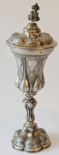 Silver chalice style covered cup, weighted, with gold wash interior. 
height 11 1/4 inches 
***If this lot is not picked up on Sat. ...