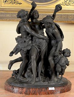 After Michel Claude Clodion (1738-1814), 
large figural bronze, 
Bacchante with Grapes and two other Bacchante and a Cherub, 
on lar...