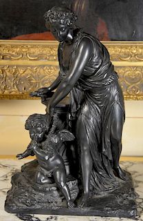 French bronze figure, Diana, with winged putti, marked on back: France. 
height 17 1/4 inches, width 11 1/2 inches 
***If this lot i...