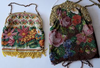 Two Victorian beaded bags with metal top mounted with various color glass or stones. 
9 1/2" x 7" and 7 1/2" x 6 3/4" 
***If this lo...