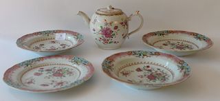 Five piece Chinese export rose famille lot including three soups, a plate, and a teapot (rim chips). 
bowl: diameter 9 inches, 
teap...