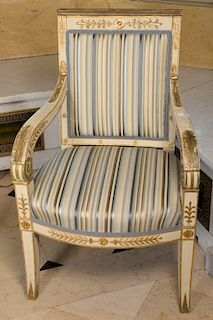 Pair of French Directoire style painted fauteuils with gilt highlights, 18th century. 
height 36 inches, width 24 inches, depth 25 i...