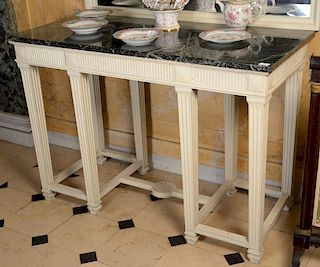 Pair of Adam's style marble top pier tables on square fluted legs. 
height 37 1/2 inches, top: 24" x 53" 
***If this lot is not pick...