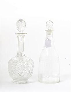 An English Blown and Etched Glass Decanter, Height of taller 11 1/2 inches.