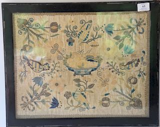 Silk needlework embroidery having central basket of fruit with birds and flowers embroidered around it. 
***If this lot is not picke...