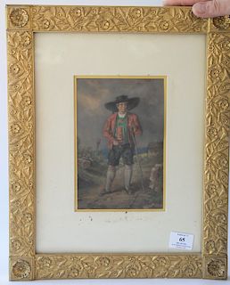 German watercolor of man with hat in lederhosen. 
5 1/2" x 8 1/4" 
***If this lot is not picked up on Sat. 9/22, Sun. 9/23, or Tues ...