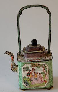 Canton enamel on copper teapot having enameled panels with figures on each side (spout repaired). 
height 7 1/2 inches  
***If this ...