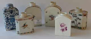 Six porcelain tea caddies including five Chinese Export caddies and a blue and white porcelain caddy having painted lions on either ...