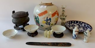 Group of Oriental porcelain and brass to include Chinese porcelain ginger jar, two snuff bottles, three small dishes, brass incense ...