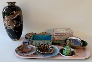 Tray lot with enameled and cloisonne pieces to include: Chinese pink enameled box; Chinese enameled bell with figural handle (as is)...