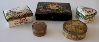Group of enameled and porcelain patch boxes including a rectangle enameled patch box with hand painted landscape on cover, round ena...