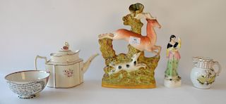 Five piece lot to include a soft paste teapot, Marg & Thom with swan finial cover (repaired spout), 18th century Walton Staffordshir...