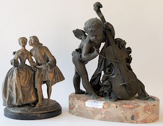Two figural bronzes including a bronze with two romantic Classical figures on oval base, marked: Renard and bronze putti playing vio...