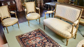 Five piece Louis XVI style suite having settee and four armchairs, all with gold decorated frames and upholstered seats and backs (s...