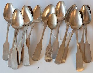 Fourteen coin silver table spoons, various makers. 
20.8 troy ounces 
***If this lot is not picked up on Sat. 9/22, Sun. 9/23, or Tu...