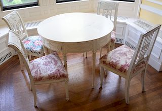 White painted table and four chairs (one non matching). table: height 29 inches, diameter 36 1/2 inches ***If this lot is not pick...