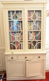 Painted cabinet with two glazed doors over drawers and doors. 
height 80 1/2 inches, width 43 1/2 inches, depth 17 inches 
***If thi...