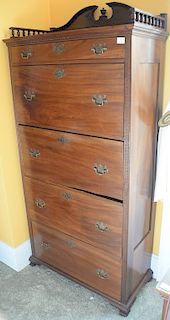 Custom Victorian style mahogany chest with gallery and drop front drawers. 
height 76 inches, width 34 1/2 inches, depth 17 1/2 inch...
