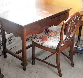 Custom Victorian style two drawer table with glass top and a chair. 
height 30 inches, top: 33" x 48" 
***If this lot is not picked ...