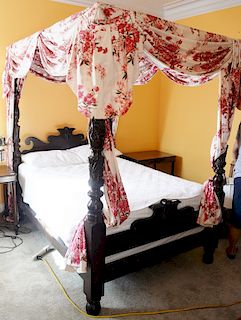 Federal style tester bed with acanthus carved posts, complete with custom drape and top. 
height 85 inches, total width 58 inches, w...