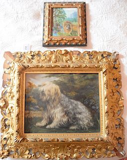 Two piece lot to include an oil on canvas of shaggy dog, unsigned (chips in frame) and a small lion painting. 
9 1/4" x 11 1/4" and ...