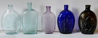 Group of five flasks cornucopia eagle flask, three reproduction bottles, and an eagle
