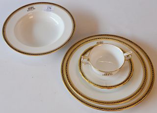 84 piece Copeland Spode dinnerware set, porcelain white with gilt gold and royal blue border sold by Davis Collamore ...