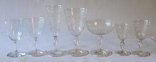 Set of etched crystal stems in seven sizes, 106 total pieces including 11 red wine, 12 champagne, 9 white wine, 23 stemmed cordials,...