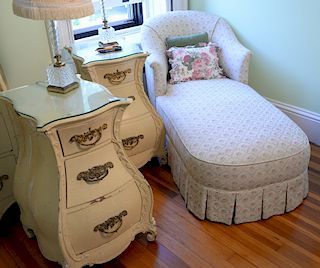 Bedroom contents including two night tables, two crystal lamps, chaise lounge, and contemporary carpet. 
tables: height 32 inches, 
...