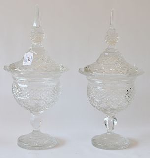 Pair of Anglo Irish cut crystal covered sweet meat dishes (rim chips). 
height 16 inches, width 7 1/2 inches 
***If this lot is not ...