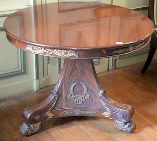 Empire mahogany round table with gilt bronze mounts three base with carved claw feet and bronze mounts. 
height 30 3/4 inches, diame...