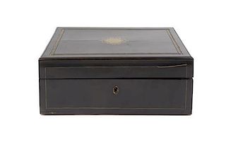 A Brass Inlaid Ebonized Work Box, Width 9 1/4 inches.