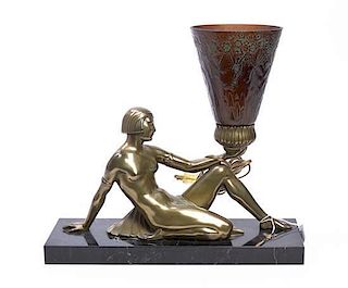 An Art Deco Gilt Bronze and Marble Figural Table Lamp, Width 14 5/8 inches.